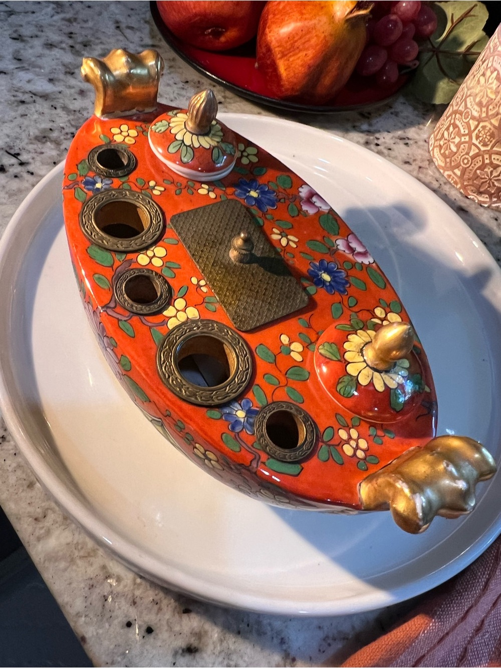 Antique Pumpkin Orange Floral Ceramic Inkwell Stand Aladin France, Like New!